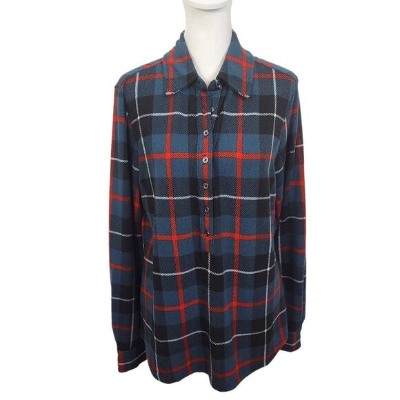 D&Co. Teal Blue and Red Plaid Half Button-Up Top Size Small Plaid Flannel Shirt - Picture 1 of 6